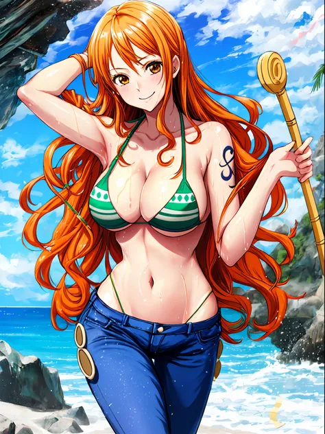 masutepiece,Best Quality,ultra-detailliert,ultra-detailliert,超A high resolution,8K,32,Beautiful,Best aesthetic,Anime girl wiping her hair with a towel、NamiOP, One piece, 1girl in, Looking at Viewer, Solo,Green Bikini, Long jeans, Orange long hair, (String ...