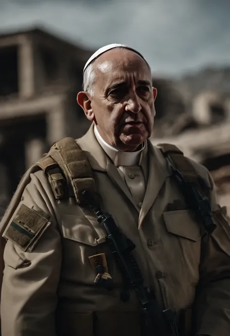 Papa Francisco,Front head,wearing a U.S. Army suite holding an HK 47, e granada, buildings Destroyed desvasted city, drone atack