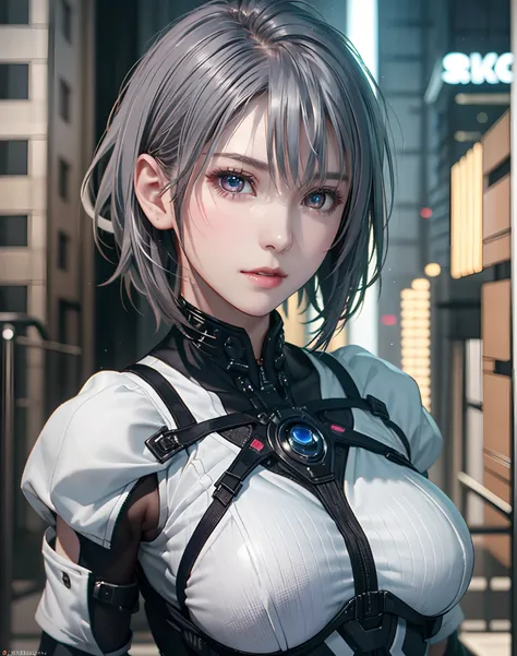 (8K, Photorealistic, Raw photo, of the highest quality: 1.3), (1girl in), Super beautiful, (Realistic face), (boyish, Silver Color Berry Shorthair), Beautiful cyberpunk suit, Glare that captivates the viewer, Beautiful expression, Beautiful breasts, (Reali...