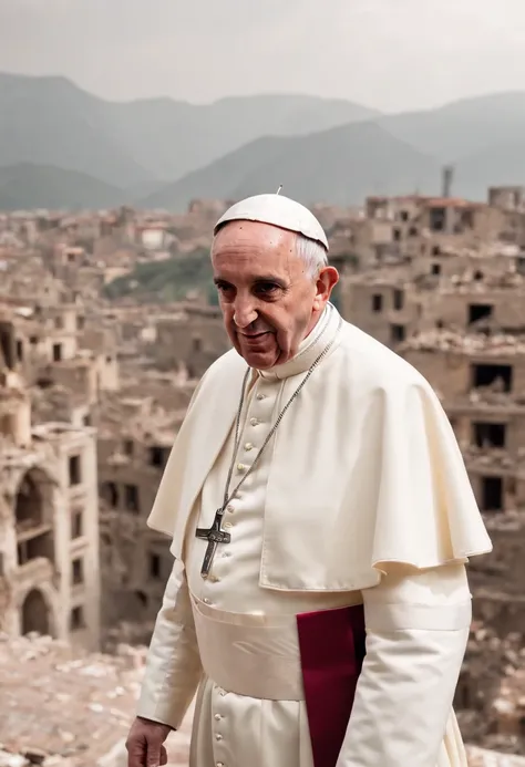 Papa francisco,front head,usando um U.s. army suite with an HK 47, e granada, destroyed buildings devastated city, Drone Atack