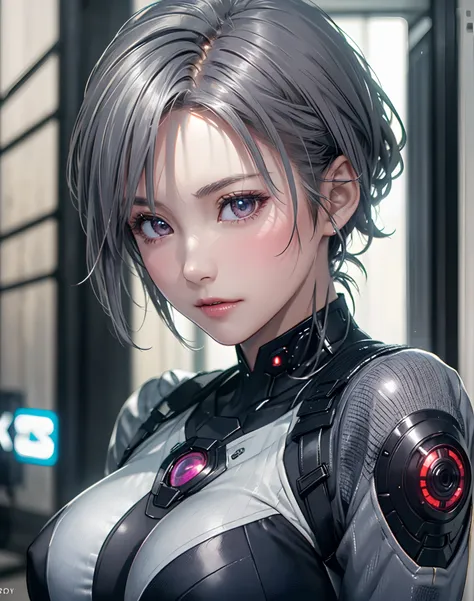 (8K, Photorealistic, Raw photo, of the highest quality: 1.3), (1girl in), Super beautiful, (Realistic face), (boyish, Silver Color Berry Shorthair), Beautiful cyberpunk suit, Glare that captivates the viewer, Beautiful expression, Beautiful breasts, (Reali...