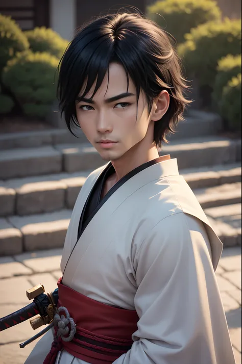 8K,Photorealsitic　Raw photography　top-quality;1.4) 　(One Boy)　Super handsome　(Lifelike face)　Boy samurai with a large Japan sword　(realistic detailed) Short bob with black hair　Historical samurai duels, Features highly detailed characters and landscapes, A...