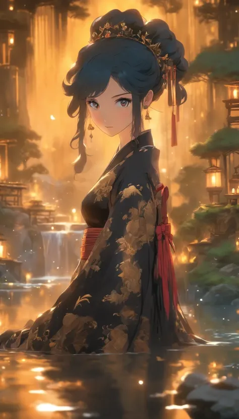 (Masterpiece, Best quality), 1girll(atenea_Asamiya Palace), Cute dress, Long black hair, Sitting, Beautiful outdoor background, Night, forest，highly detailed surreal vfx，China ink painting，water ink，ink，Smudge，China-style，中景 the scene is，super-fine，ultra -...