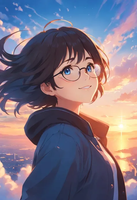 masterpiece, best quality, movie still, 1girl, cloud girl, floating in the sky, close-up, bright, happy, warm soft lighting, sunset, (sparks:0.7), black hair, long jacket, black jacket, Glasses, blue eyes, smile, 4k.