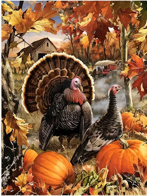 arafed turkeys in a field with pumpkins and a barn, autumn season, 3 2 x 3 2, 🦩🪐🐞👩🏻🦳, holiday season, 1 6 x 1 6, inspired by Terry Redlin, by Meredith Dillman, profile pic, by Paul Davis, by Terry Redlin, harvest fall vibrance, a hyper realistic