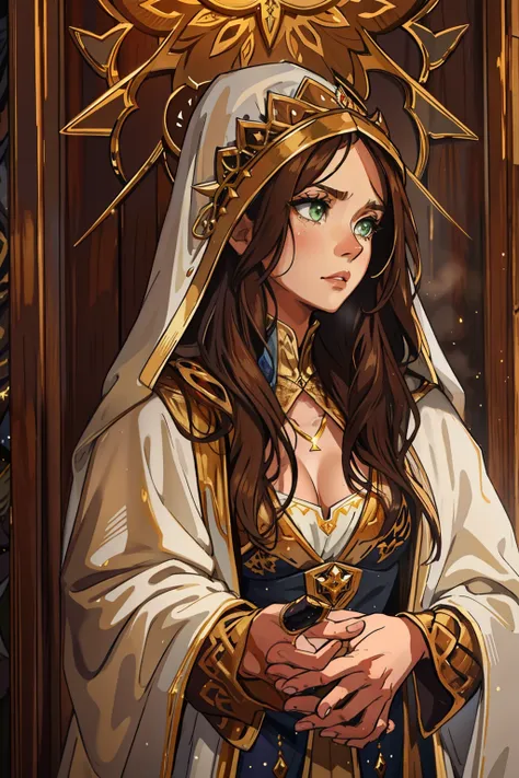 A beautiful sexy woman with green eyes and brown hair is a sorceress Wizard dressed in white and gold robes A princess of magic and a sad look. A background with a dramatic wooden wall An art for an RPG A medieval art for an RPG