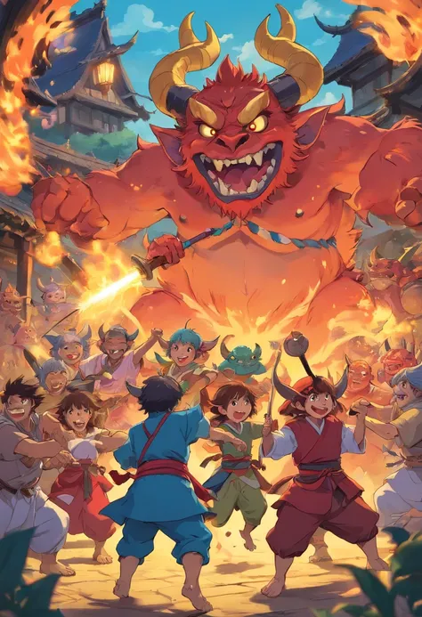 , goblins attacking, medieval demons, goblins, javanese mythology, goblins partying at a rave, oni, barong family, goblins and trolls, kobold, red horns, fighting monsters, tribe members attacking, devils, dnd party, journey to the west, traditional art