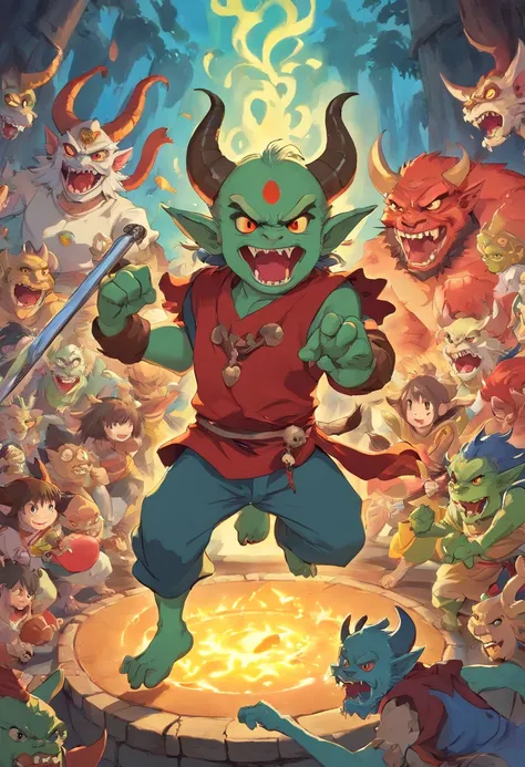 , goblins attacking, medieval demons, goblins, javanese mythology, goblins partying at a rave, oni, barong family, goblins and trolls, kobold, red horns, fighting monsters, tribe members attacking, devils, dnd party, journey to the west, traditional art