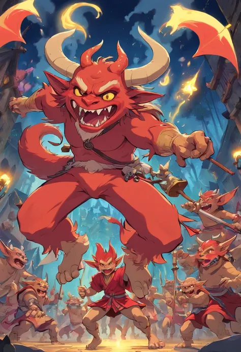 , goblins attacking, medieval demons, goblins, javanese mythology, goblins partying at a rave, oni, barong family, goblins and trolls, kobold, red horns, fighting monsters, tribe members attacking, devils, dnd party, journey to the west, traditional art