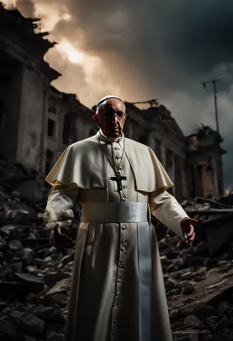 Papa francisco,front head,usando um U.s. army suite with an HK 47, e granada, destroyed buildings devastated city, Drone Atack, lighting strikes in The sky,night