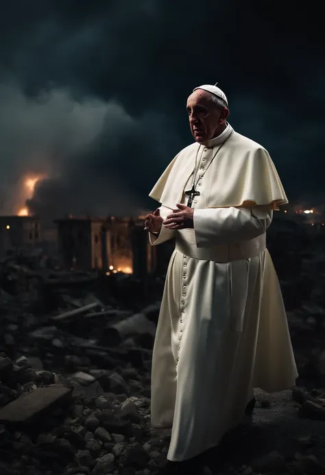 Papa francisco,front head,usando um U.s. army suite with an HK 47, e granada, destroyed buildings devastated city, Drone Atack, lighting strikes in The sky,night