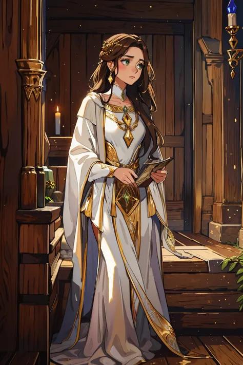 A beautiful sexy woman with green eyes and brown hair is a sorceress Wizard dressed in white and gold robes A princess of magic and a sad look. A background with a dramatic wooden wall An art for an RPG A medieval art for an RPG