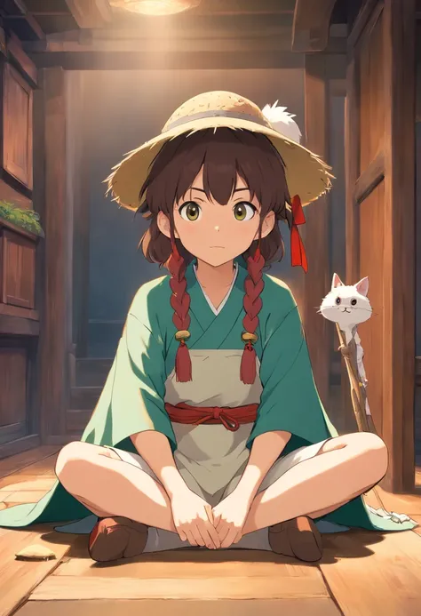 anime character with a stick and a hat sitting on a floor, am a naranbaatar ganbold, sage ( valorant ), akiyuki shinbou, otaku gangasta, as a dnd character, 2 d anime style, akira from chinese mythology, studio ghibly style mononoke, 2 d art, 2d art