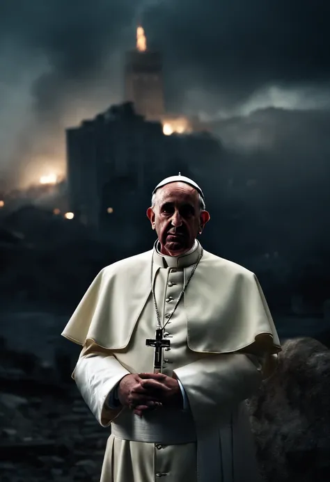 Papa francisco,front head,usando um U.s. army suite with an HK 47, e granada, destroyed buildings devastated city, Drone Atack, lighting strikes in The sky, night,aurora boreal