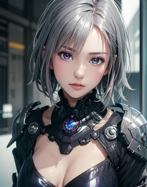 (8K, Photorealistic, Raw photo, of the highest quality: 1.3), (1girl in), Super beautiful, (Realistic face), (boyish, Silver Color Berry Shorthair), Beautiful cyberpunk suit, Glare that captivates the viewer, Beautiful expression, Beautiful breasts, (Reali...