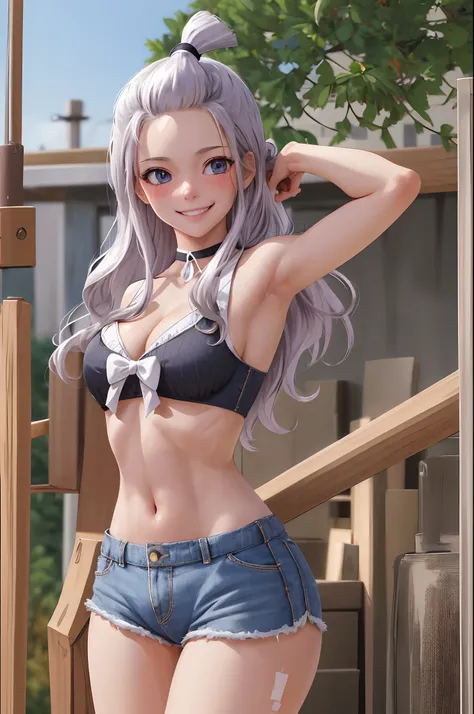 masterpiece, best quality, highres, Amira, long hair, bangs pinned back, topknot, forehead, choker, bare shoulder, cleavage, mini shorts , tiny bra,large breasts, bow, sleeveless, cowboy shot, standing, outdoors, bar, smile, shy, blushing smile,showing ass