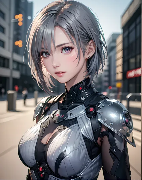 (8K, Photorealistic, Raw photo, of the highest quality: 1.3), (1girl in), Super beautiful, (Realistic face), (boyish, Silver Color Berry Shorthair), Beautiful cyberpunk suit, Glare that captivates the viewer, Beautiful expression, Beautiful breasts, (Reali...