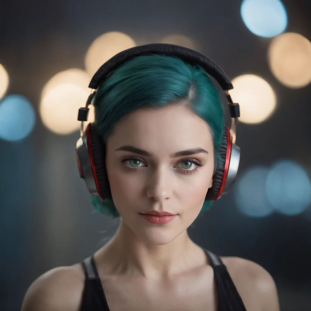 Young woman wears light makeup on her face. Skull pattern style. Blue shoulder-length hair. green eyes. Use red headphones. She wears gray T-shirt. black background in a highly technological environment. High details, realistic, hyper intricate details, 8k...