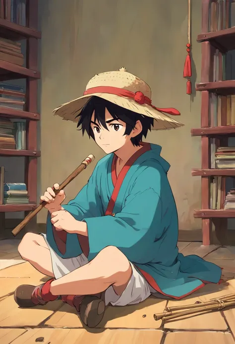 male anime character with a stick and a hat sitting on a floor, am a naranbaatar ganbold, sage ( valorant ), akiyuki shinbou, otaku gangasta, as a dnd character, 2 d anime style, akira from chinese mythology, studio ghibly style mononoke, 2 d art, 2d art