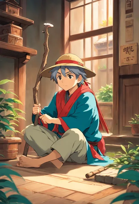 male anime character with a stick and a hat sitting on a floor, am a naranbaatar ganbold, sage ( valorant ), akiyuki shinbou, otaku gangasta, as a dnd character, 2 d anime style, akira from chinese mythology, studio ghibly style mononoke, 2 d art, 2d art