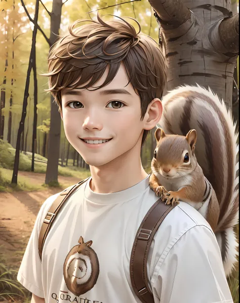 best quality,1boy, adult face, smile, cute, natur background, a Squirrel on his shoulder