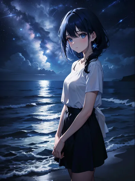 (Masterpiece, Best quality, ultra high resolution),1girl,dark blue hair,on the beach, night, fog, dark blue sky, starry sky,(grey and blue theme)