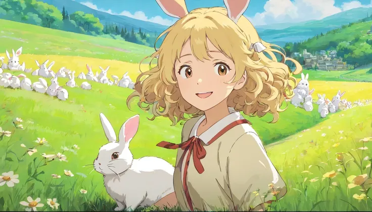 Girl with curly blonde hair，with a round face，adolable，grin，There are a lot of little white rabbits around，The background is a large meadow