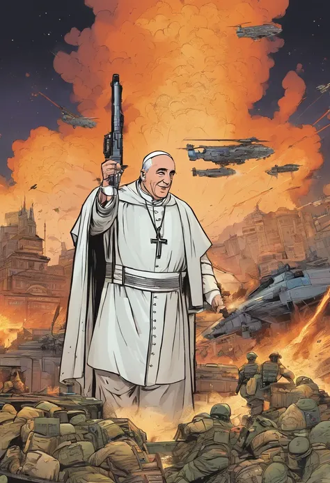 Papa francisco,front head,usando um U.s. army suite with an HK 47, e granada, Destroyed buildings devastated the city, Drone Atack, Enlightenment reaches the sky, Noite,aurora boreal