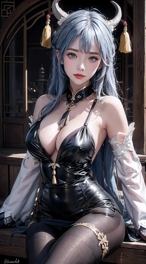 photorealistic, high resolution,masterpiece,best quality,ultra-detailed, 1women, hips up, blue eyes, ahoge, architecture, bangs, bare shoulders, bell, black gloves, black pantyhose, (blue hair), blush, breasts, chinese knot, detached sleeves, east asian ar...