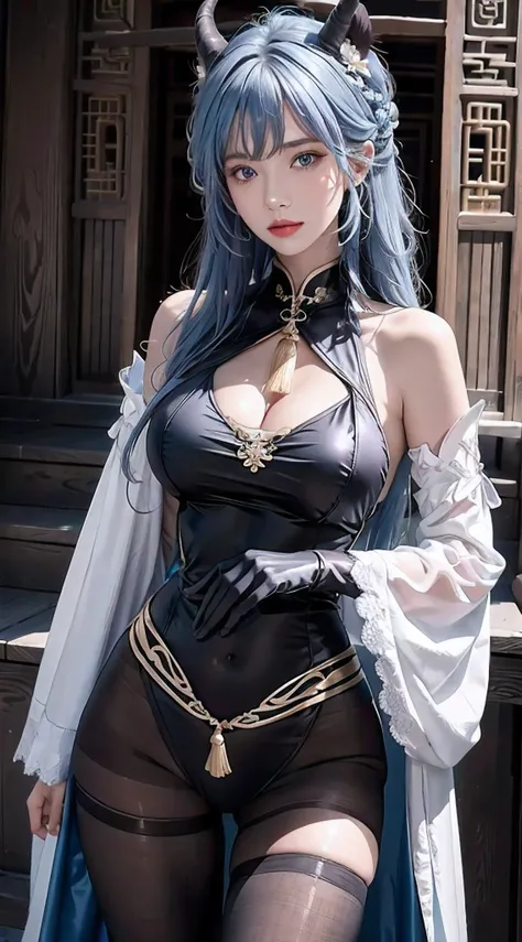 photorealistic, high resolution,masterpiece,best quality,ultra-detailed, 1women, hips up, blue eyes, ahoge, architecture, bangs, bare shoulders, bell, black gloves, black pantyhose, (blue hair), blush, breasts, chinese knot, detached sleeves, east asian ar...