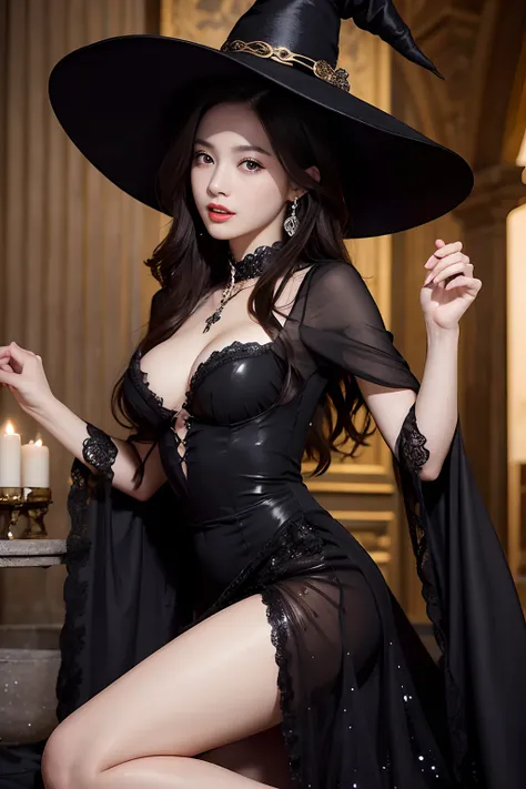 ((top-quality、​masterpiece、photographrealistic:1.4、in 8K))、Beautuful Women１a person、２1 year old、beautiful hairl、delicate and beautiful face、Eyes and faces with detailed 、Witch Dress、(stylish pose:1.2)、A smile、Beautiful lighting、Textured skin、Super Detail、h...