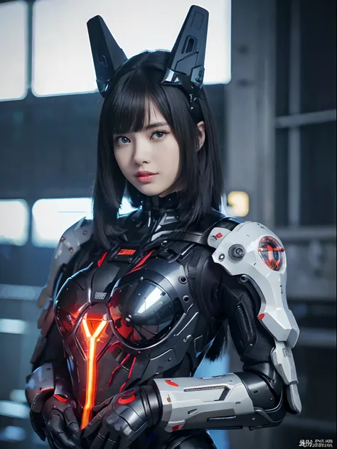 （Fight against mechanical robot soldiers）、top-quality、​masterpiece、超A high resolution、(sexypose),（Wearing a futuristic sun visor）、(Photorealsitic:1.4)、Raw photo、女の子1人、Black hair、glowy skin、((1 Mechanical Girl))、((super realistic details))、portlate、（Small L...