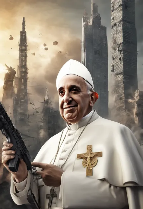 Papa francisco,front head,usando um U.s. army suite with an HK 47, e granada, Destroyed buildings devastated the city, Drone Atack, Enlightenment reaches the sky, noite,aurora boreal