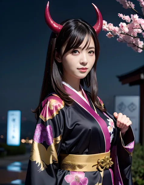 ((World of Darkness)),Professional , ​masterpiece、top-quality、photos realistic , depth of fields 、（sexypose）、(Background of cherry blossoms in full bloom),（Ultimate Beauty）、A dark-haired、（)、（Kimono with beautiful pattern）、（Night background）、（（a dark night）...