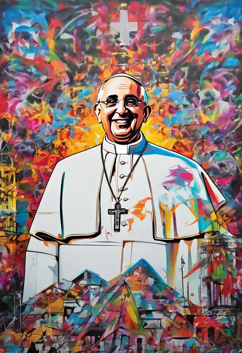 Papa francisco,front head,usando um U.s. army suite with an HK 47, e granada, Destroyed buildings devastated the city, Drone Atack, Enlightenment reaches the sky, noite,aurora boreal