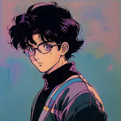 anime character with glasses and a black hair and a purple shirt, 8 0 s anime art style, in the art style of 8 0 s anime, 8 0 s ...