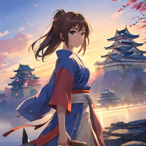 (((Japanese castle))),(Samurai Beautiful Girl)(Dynamic Angle:1.4), ((Full body posing:1.5), (Colorful:1.2), (Highly detailed CG Unity 16K wallpaper:1.1), (Denoising strength: 1.45), (tmasterpiece), ((Official art)), of the highest quality, 1girl in, Hold t...