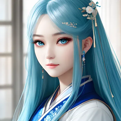 tmasterpiece，exquisite CG，Blue hair，beautiful and charming woman，solo，exquisite and beautiful facial features，Intricate hair accessories，mesmerizing eyes，Hanfu