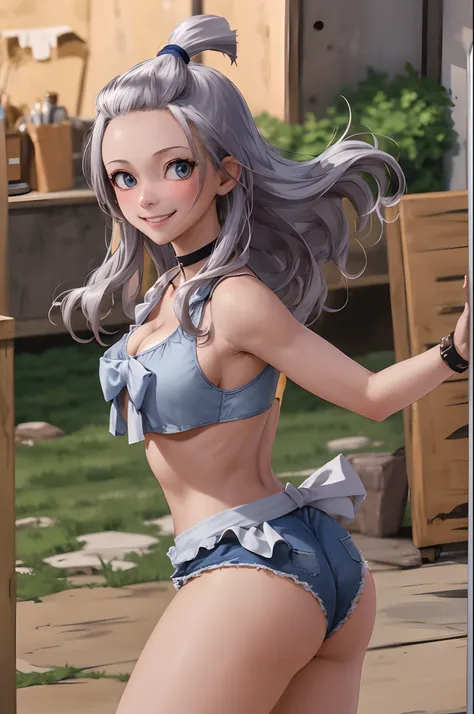 masterpiece, best quality, highres, Amira, long hair, bangs pinned back, topknot, forehead, choker, bare shoulder, cleavage, mini shorts , tiny bra,large breasts, bow, sleeveless, cowboy shot, standing, outdoors, bar, smile, shy, blushing smile,showing ass