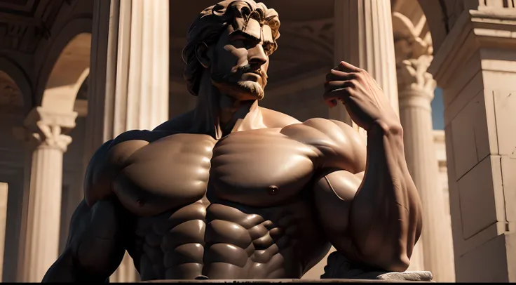 Greek statue of a muscular man Hercoles style 8k dark with cinematic dark background