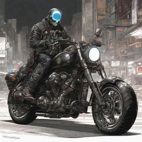 1 highly reflective Chrome skull headed male cyberpunk motorcycle gang member with LED lit cybernetic prosthetic arms housing retractable hidden weaponry and glowing white eyes, all black leather and motorcycle vest with embroidered skull motorcycle patch ...