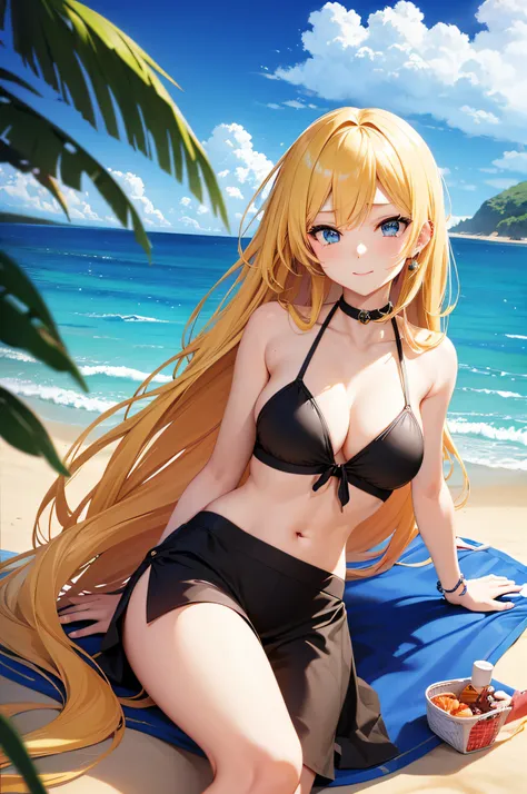 sexy anime style girl with long blonde hair, playing beach oil, on a background of crowded beach on sunny day