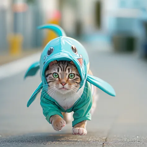 Cute cat, running, cute, cute, cute, wearing a dolphin costume,