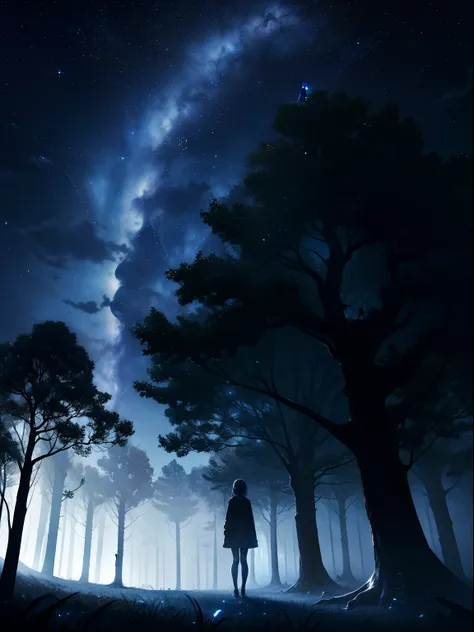 (Masterpiece, Best quality, ultra high resolution),1girl,dark blue hair,standing in front of a giant withered tree, on the forest, night, fog, dark blue sky, starry sky,(grey and blue theme)