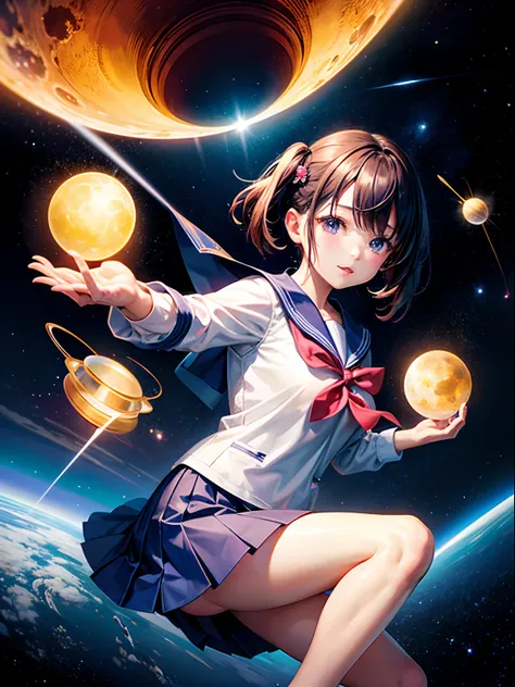 hight resolution, top-quality, ​masterpiece, ultra-quality, The ultra-detailliert,  lighting like a movie、hi-school girl、a sailor suit、cosmic space、space walk、Planktonic、macrocosm、