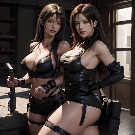 Two women in leather cloaks held guns and posed with guns, Tifa Lockhart, ff Tifa, quiet from metal gear solid, beautiful sci - fi twins, Range Murata and Artgerm, inspired by Wang Duo, quiet from metal gear solid v, & jeehyung lee & Phlegm sputum, phlegm,...