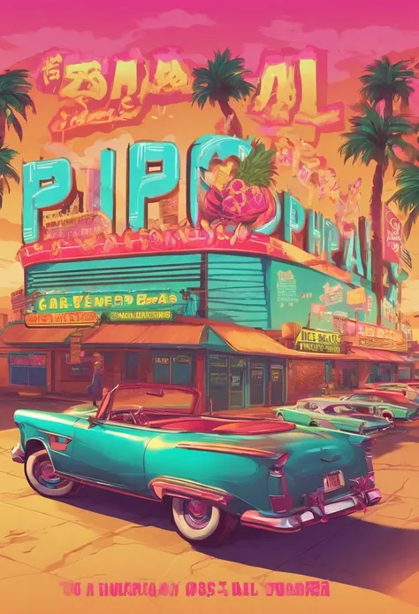 The background is a Broadway neon stage，Vintage cars parked，Broadway poster style，There is an advertisement for pineapple beer in the picture