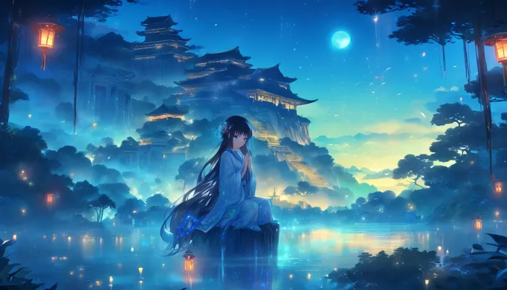 (Masterpiece, Best quality), 1girll(atenea_Asamiya Palace), Cute dress, Long black hair, Sitting, Beautiful outdoor background, Night, forest，highly detailed surreal vfx，China ink painting，water ink，ink，Smudge，China-style，中景 the scene is，super-fine，ultra -...