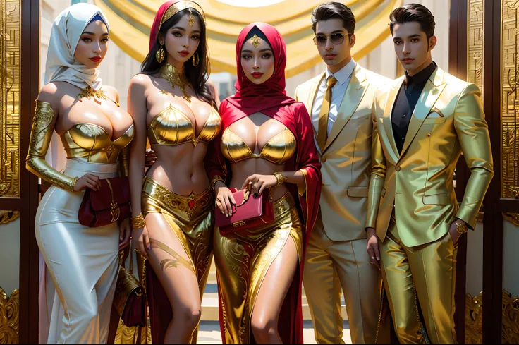 three women and two men in costumes posing for a picture, exotic costumes, glamourous cosplay, gold suit, publicity cosplay, inspired by Hedi Xandt, band of gold round his breasts, gold bodypaint, elegant glamourous cosplay, in a futuristic desert palace, ...