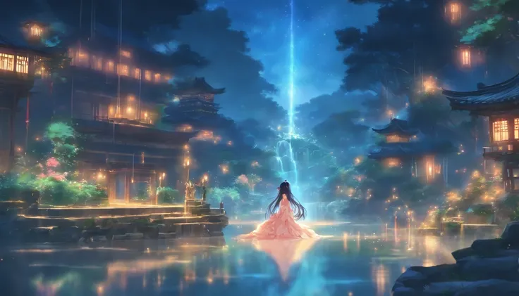 (Masterpiece, Best quality), 1girll(atenea_Asamiya Palace), Cute dress, Long black hair, Sitting, Beautiful outdoor background, Night, forest，highly detailed surreal vfx，China ink painting，water ink，ink，Smudge，China-style，中景 the scene is，super-fine，ultra -...